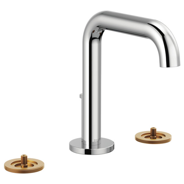 Chrome widespread lavatory faucet with high arched spout and two brass handle bases.
