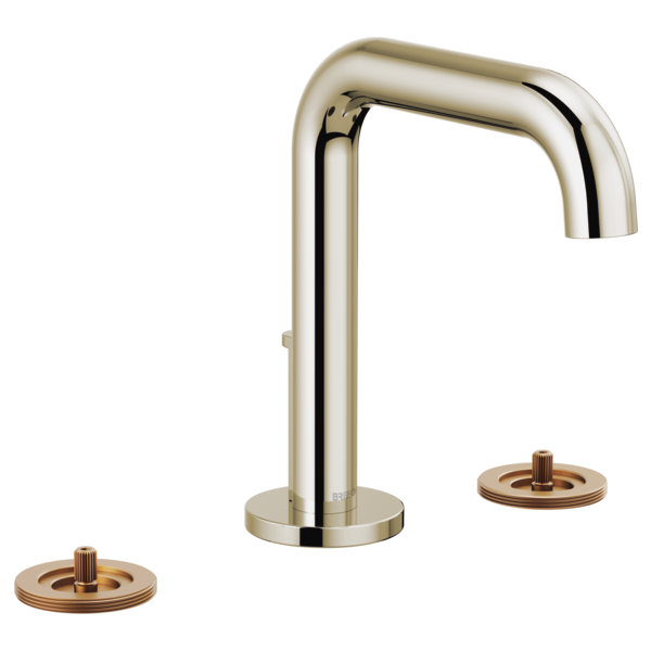 Polished nickel widespread bathroom faucet with high curved spout and two bronze-accented circular base controls.
