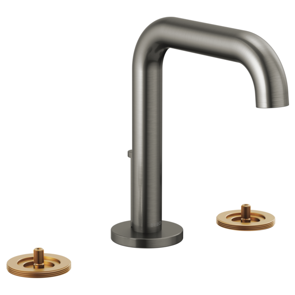 Brushed nickel widespread lavatory faucet with high curved spout and two brass-finish control plates.