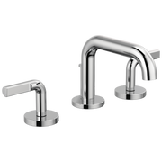 Chrome widespread lavatory faucet with low curved center spout and two lever handles on circular bases.