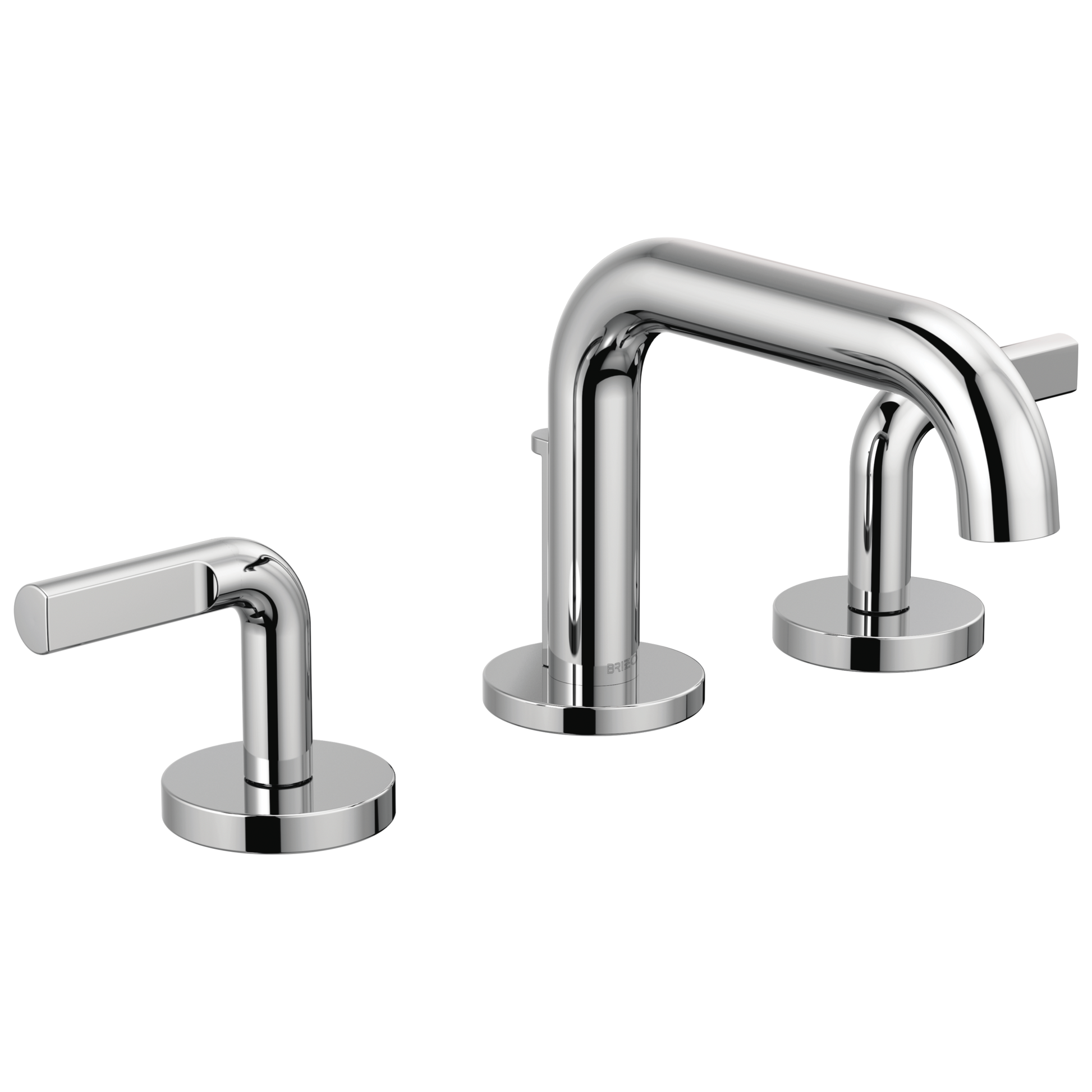 Chrome widespread lavatory faucet with low curved center spout and two lever handles on circular bases.