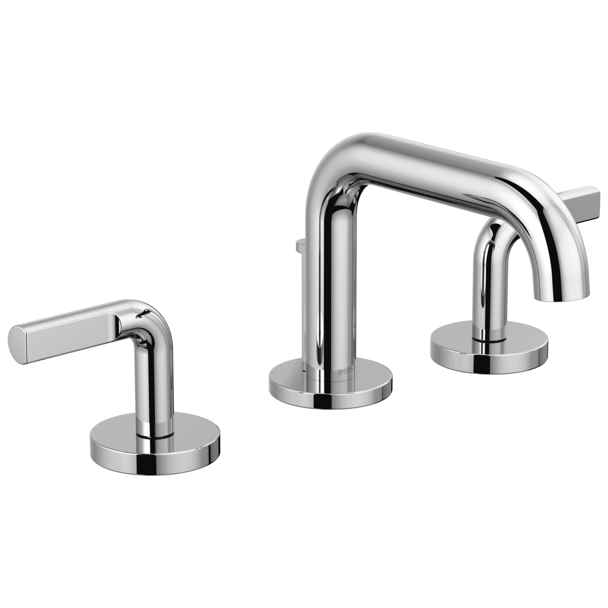 Chrome widespread lavatory faucet with low curved center spout and two lever handles on circular bases.