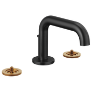 Matte black widespread lavatory faucet with low curved spout and two brass valve bases, handles not included.