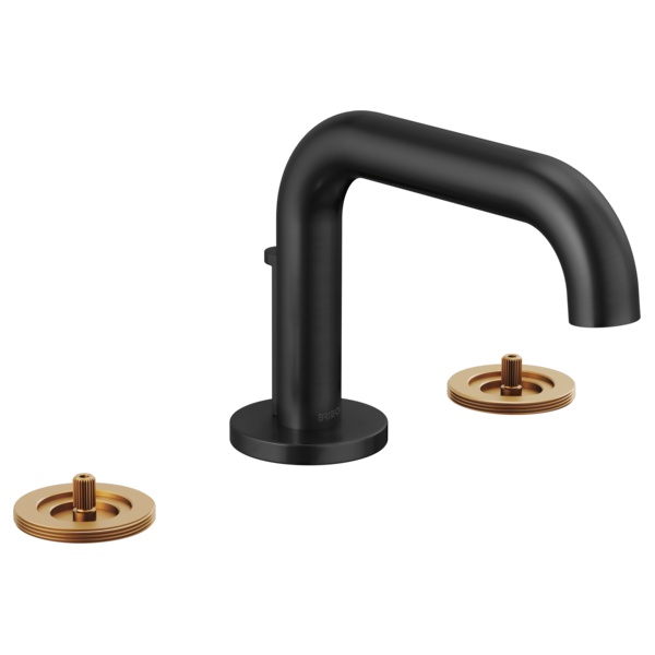 Matte black widespread lavatory faucet with low curved spout and two brass valve bases, handles not included.
