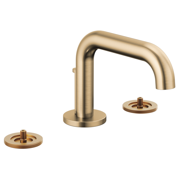 Champagne bronze widespread lavatory faucet with curved low spout and two round handle bases.