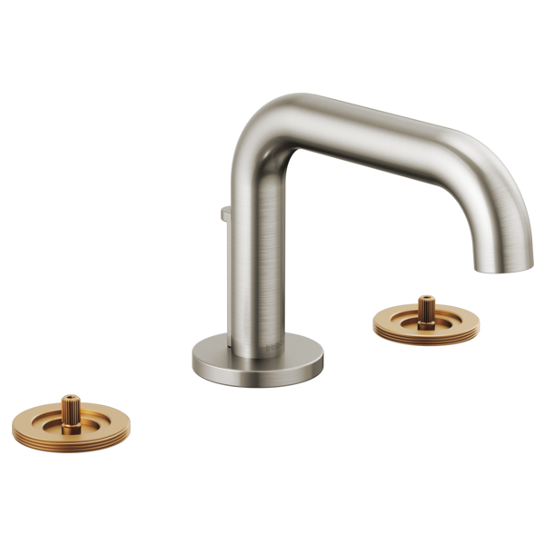 Brushed nickel widespread lavatory faucet with low curved spout and two brass handle bases.