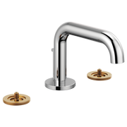 Chrome widespread lavatory faucet with low curved spout and two brass handle bases.