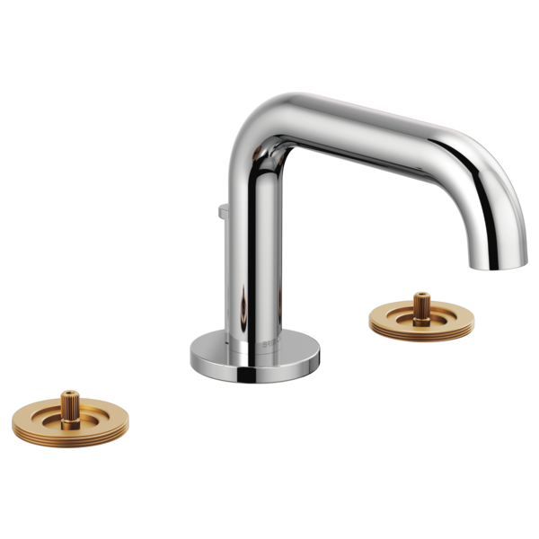 Chrome widespread lavatory faucet with low curved spout and two brass handle bases.