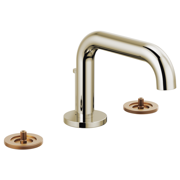 Chrome and brass widespread lavatory faucet with low curved spout and two round handle bases.