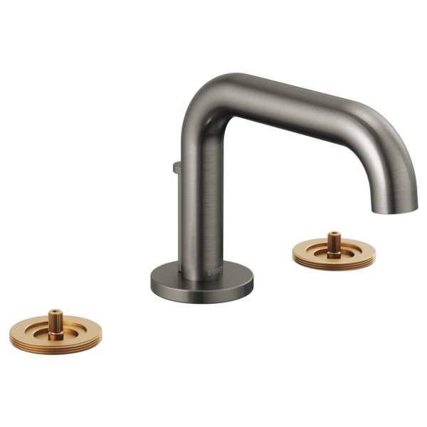 Chrome widespread lavatory faucet with low curved spout and two brass round handles.
