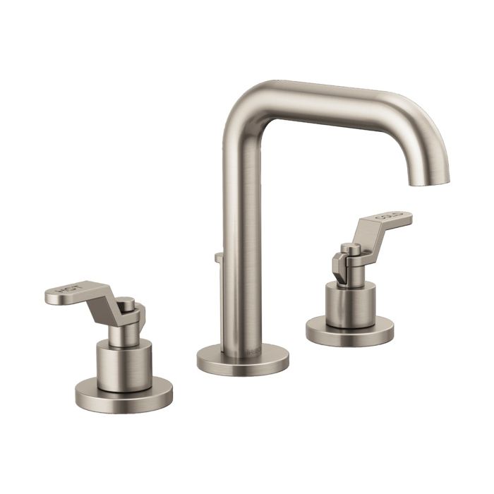 Luxe nickel widespread lavatory faucet with arched spout and two lever handles on circular bases.