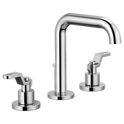 Chrome widespread lavatory faucet with tall spout and two lever handles on circular bases.