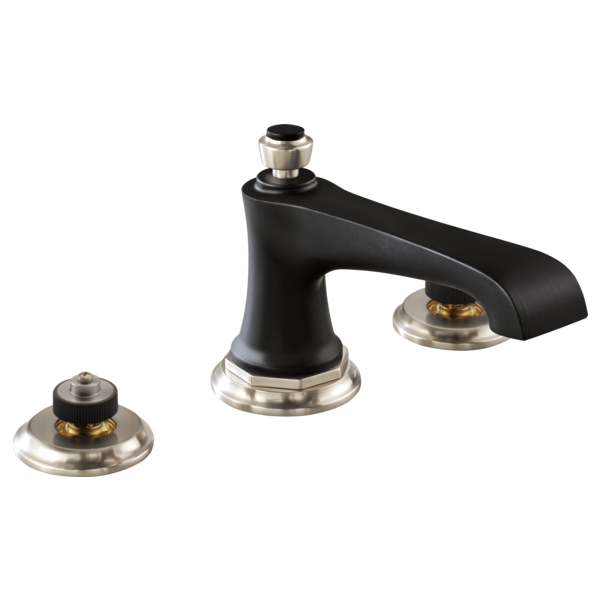Black and brushed nickel widespread lavatory faucet with curved spout and two matching base units.