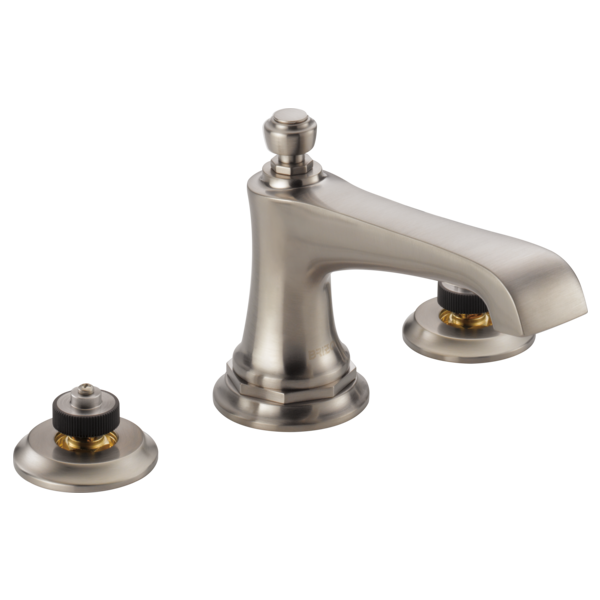Brushed nickel three-piece widespread lavatory faucet with tall central spout and two round side valve bases.