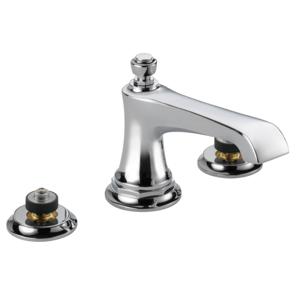 Chrome three-piece widespread lavatory faucet with tapered spout and round base handles.