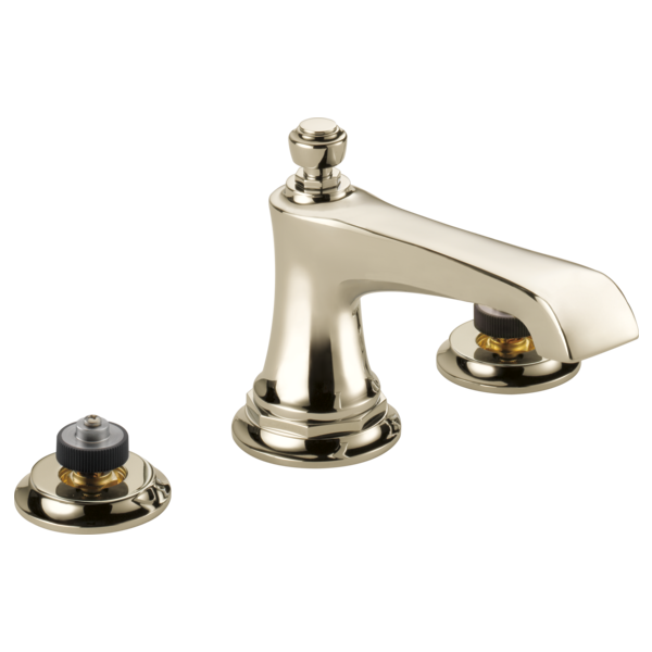 Polished brass widespread lavatory faucet with tall spout and two round valve bodies, handles not included.