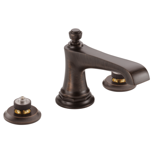Bronze widespread lavatory faucet with tall center spout, two round base handles, and gold accents.