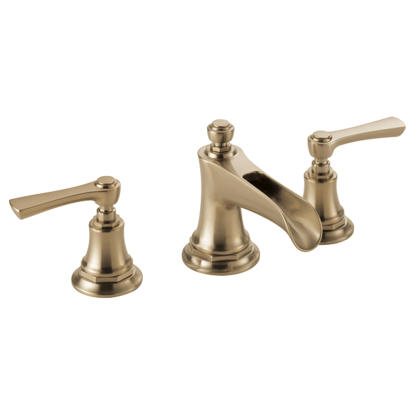 Brizo Rook widespread lavatory faucet with channel spout in brushed gold finish, shown without handles installed.