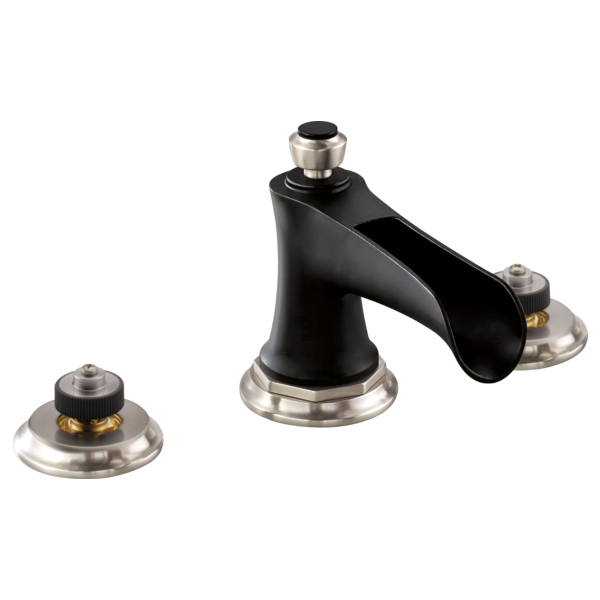 Brizo Rook widespread lavatory faucet with black curved spout and brushed nickel base, shown without handles.