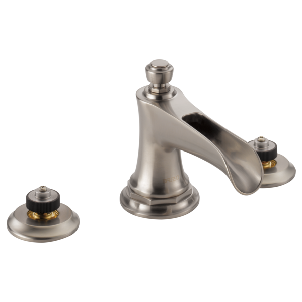 Brushed nickel three-piece widespread lavatory faucet with curved channel spout and black handle accents.