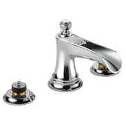 Chrome widespread lavatory faucet with curved channel spout and two separate control bases.