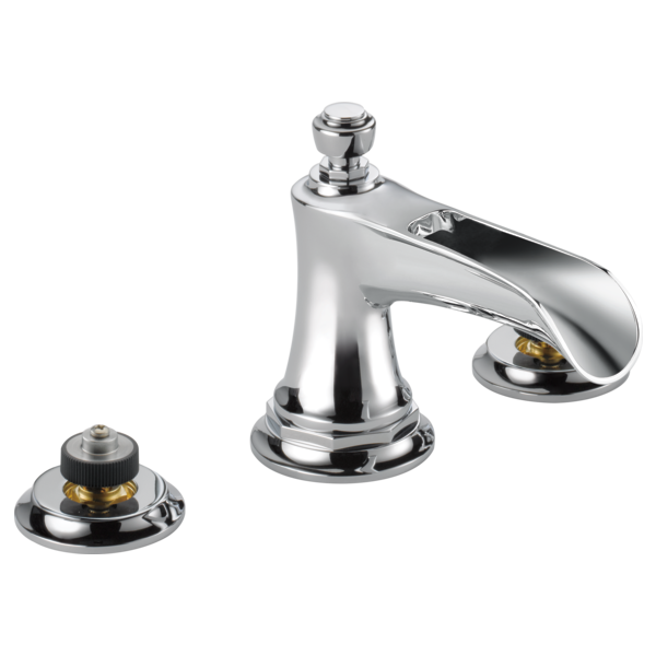 Chrome widespread lavatory faucet with curved channel spout and two separate control bases.