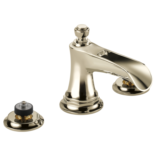 Polished nickel widespread lavatory faucet with curved channel spout and two circular base components.