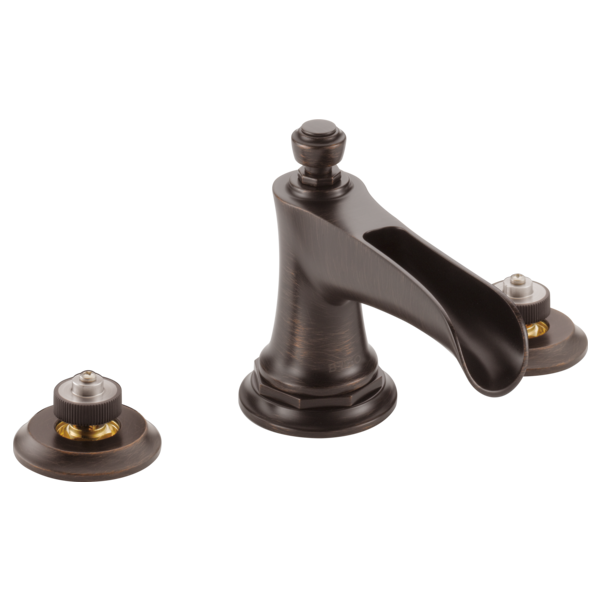 Bronze widespread lavatory faucet with channel spout and two circular base mounts, shown without handles.