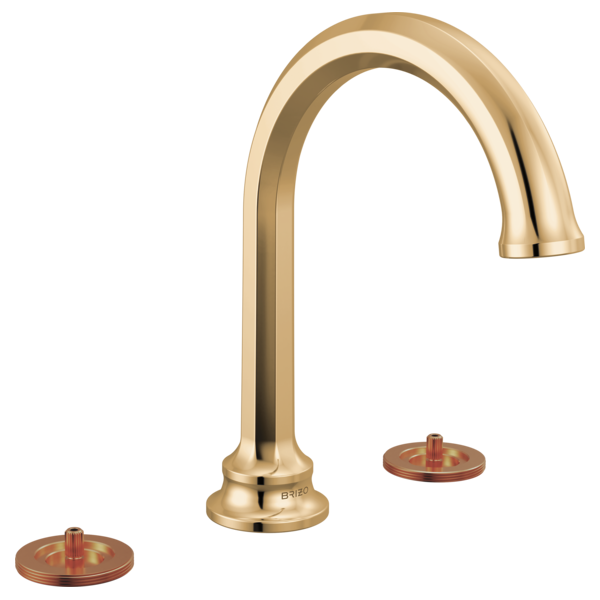 Polished gold widespread bathroom faucet with arcing spout and two circular copper-colored handle bases.