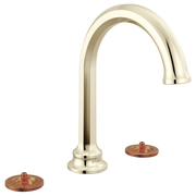 Polished nickel widespread lavatory faucet with curved arc spout and two round copper valve trim rings.