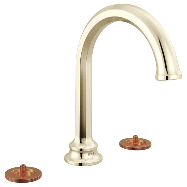 Polished nickel widespread lavatory faucet with curved arc spout and two round copper valve trim rings.