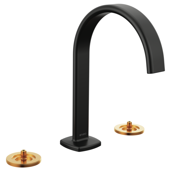 Black widespread lavatory faucet with curved arc spout and two brass round base handles.