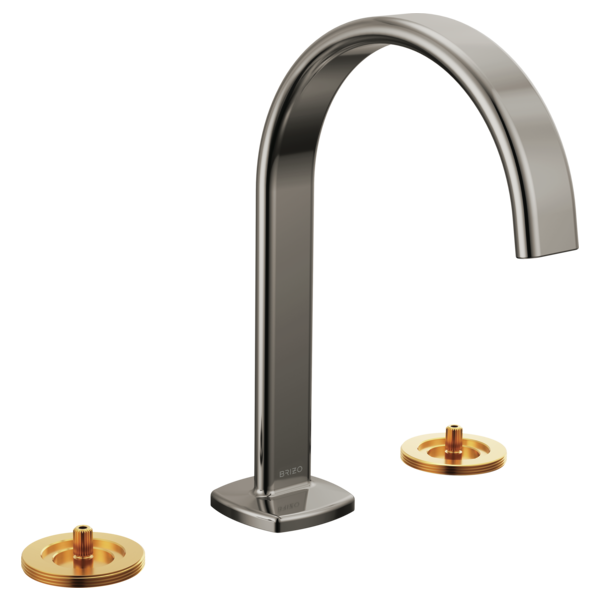 Brushed chrome widespread bathroom faucet with curved arc spout and two brass handles.