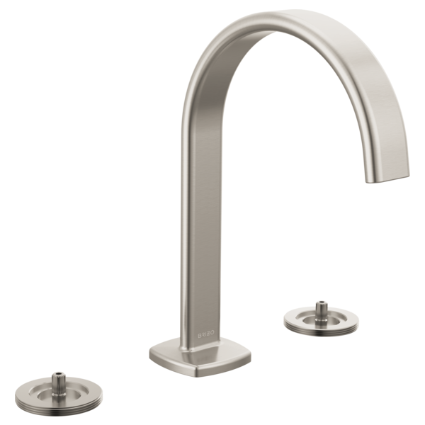 Chrome widespread lavatory faucet with tall curved arc spout and two round base valve components.