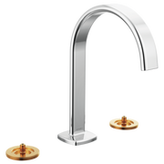 Chrome widespread lavatory faucet with tall curved spout and two round brass handles with red accents.