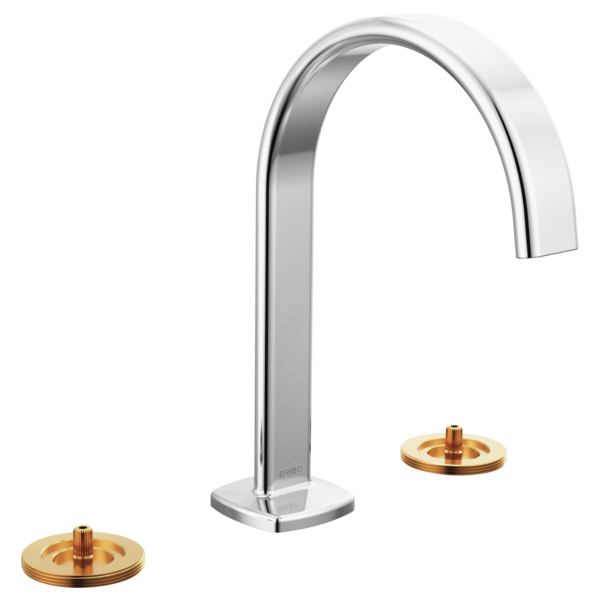 Chrome widespread lavatory faucet with tall curved spout and two round brass handles with red accents.