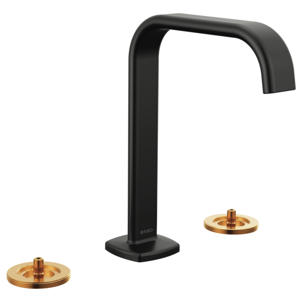 Black widespread lavatory faucet with square spout and two brass control escutcheons, handles not included.