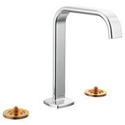 Chrome widespread lavatory faucet with tall square spout and brass valve trim, handles not included.