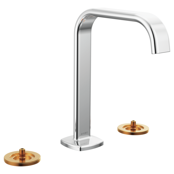 Chrome widespread lavatory faucet with tall square spout and brass valve trim, handles not included.