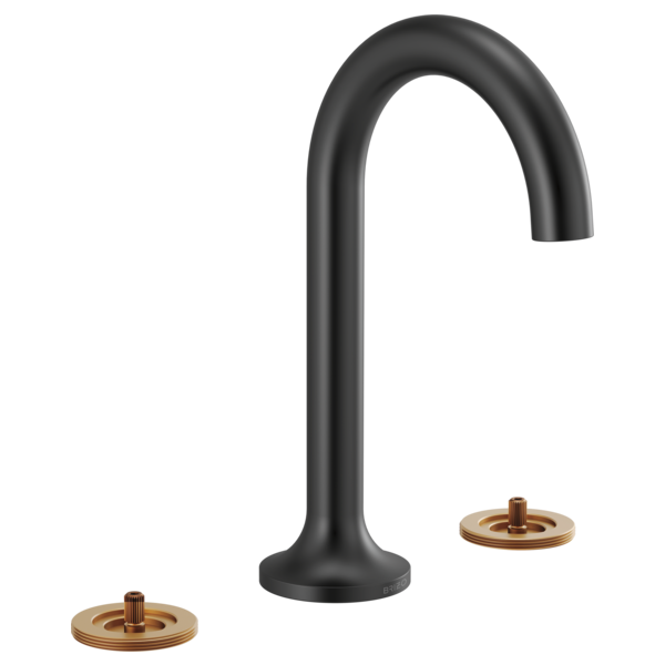 Black curved spout lavatory faucet with two brass circular base plates, handles not included.