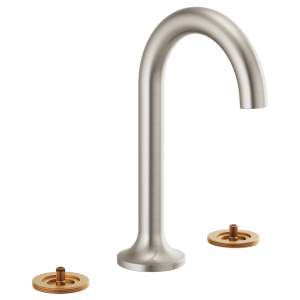 Brushed nickel widespread lavatory faucet with arched spout and two brass-accented handles.
