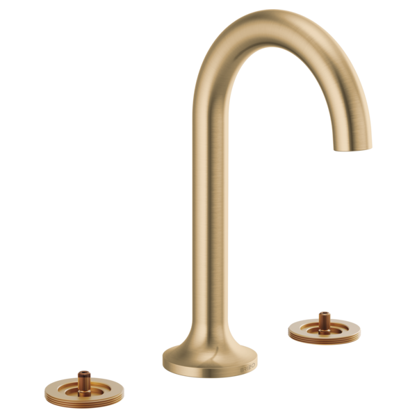 Brushed gold widespread bathroom faucet with curved spout and two circular base plates, handles not included.