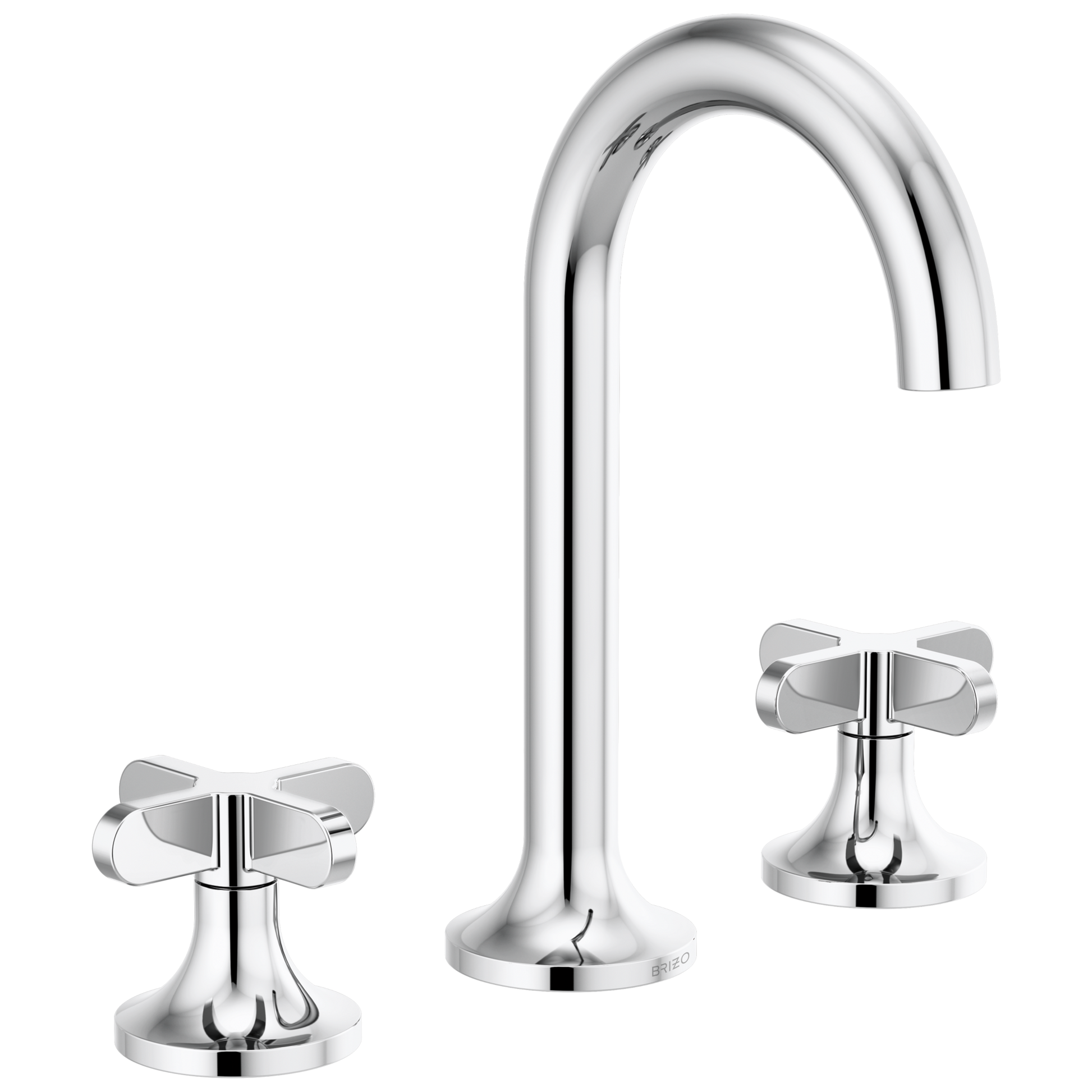 Chrome widespread lavatory faucet with curved spout and cross handles on round bases.