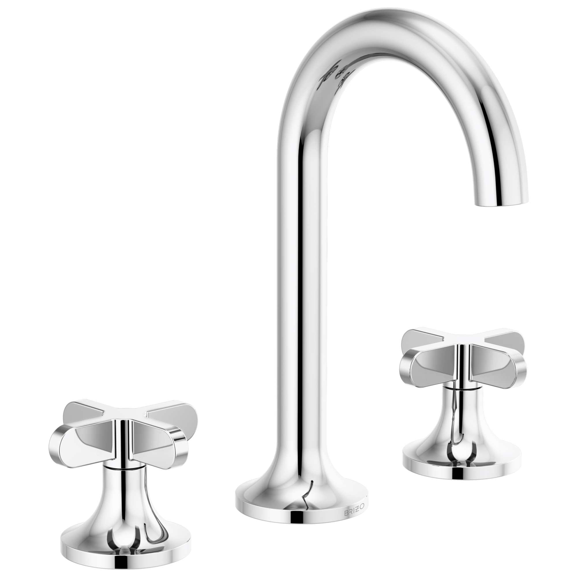 Chrome widespread lavatory faucet with curved spout and cross handles on round bases.