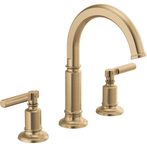 Champagne bronze widespread lavatory faucet with tall curved arc spout and two lever handles on round bases.
