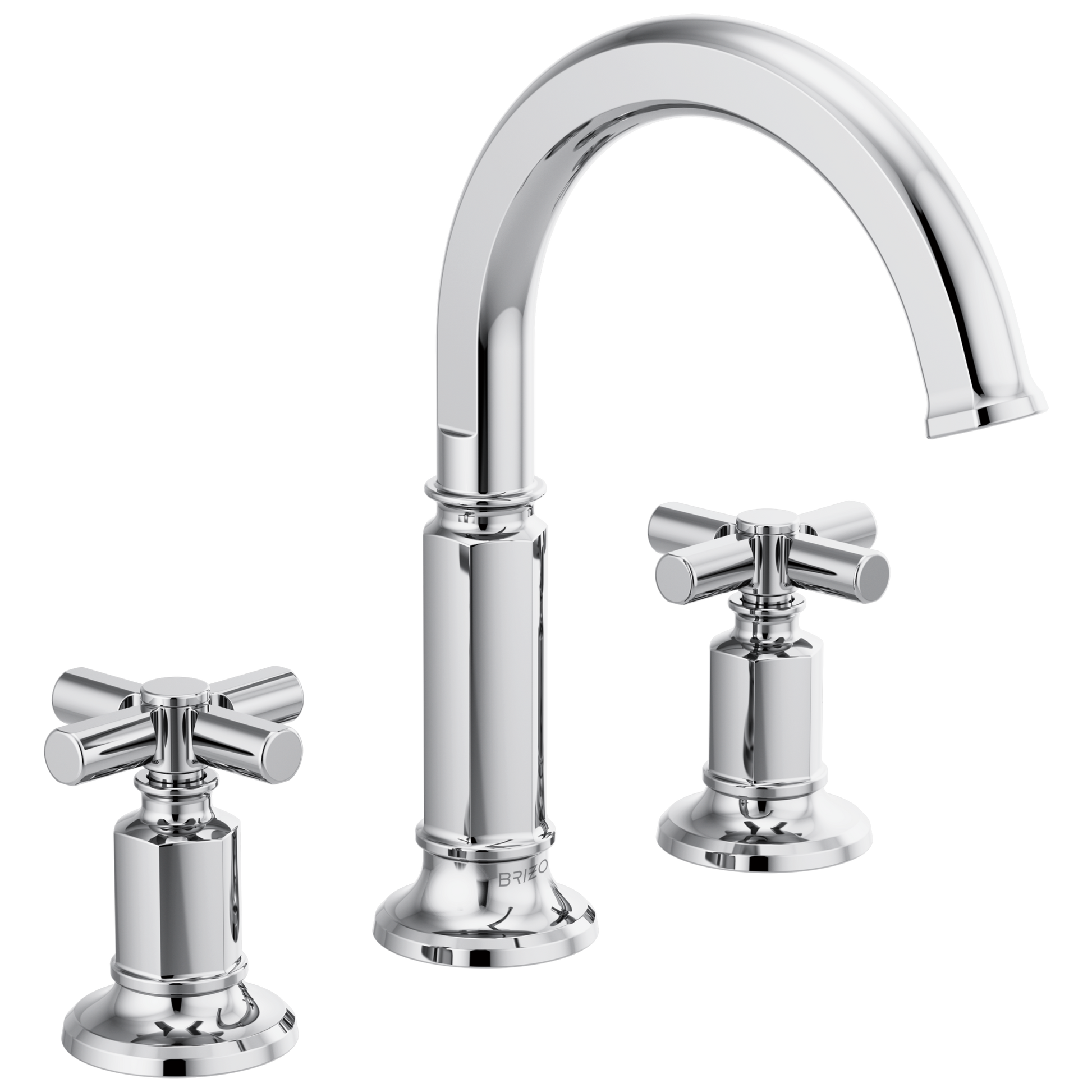 Chrome widespread lavatory faucet with curved arc spout and cross handles on circular bases.
