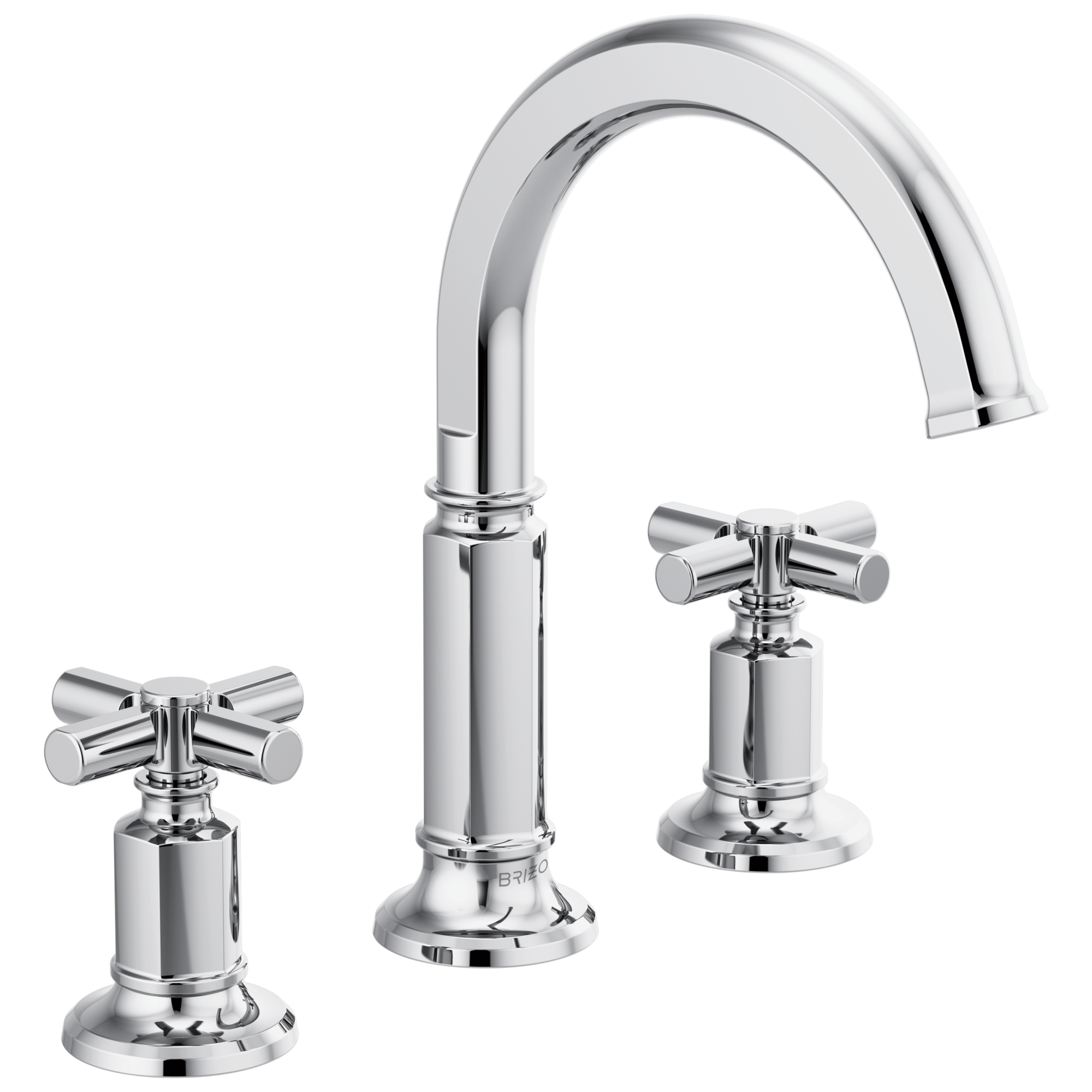 Chrome widespread lavatory faucet with curved arc spout and cross handles on circular bases.