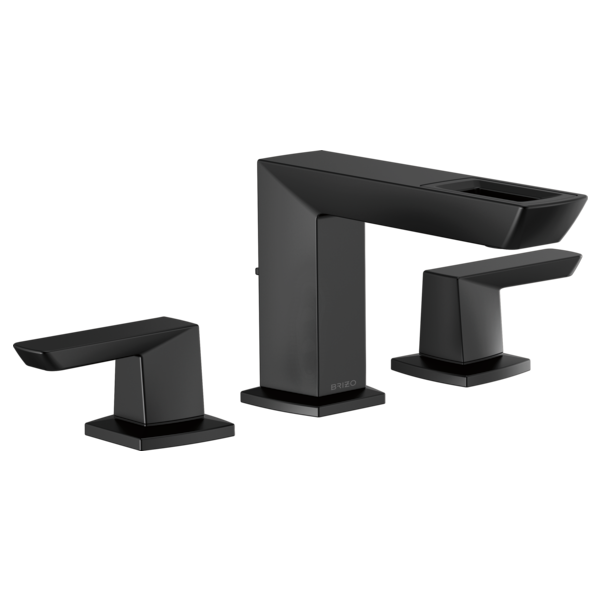 Black three-piece widespread faucet with rectangular spout and two lever handles on square bases.