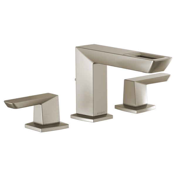 Brushed nickel three-piece widespread bathroom faucet with angular spout and square handles on matching base plates.
