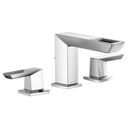 Chrome and white widespread lavatory faucet with three pieces including tall center spout and two side handles.